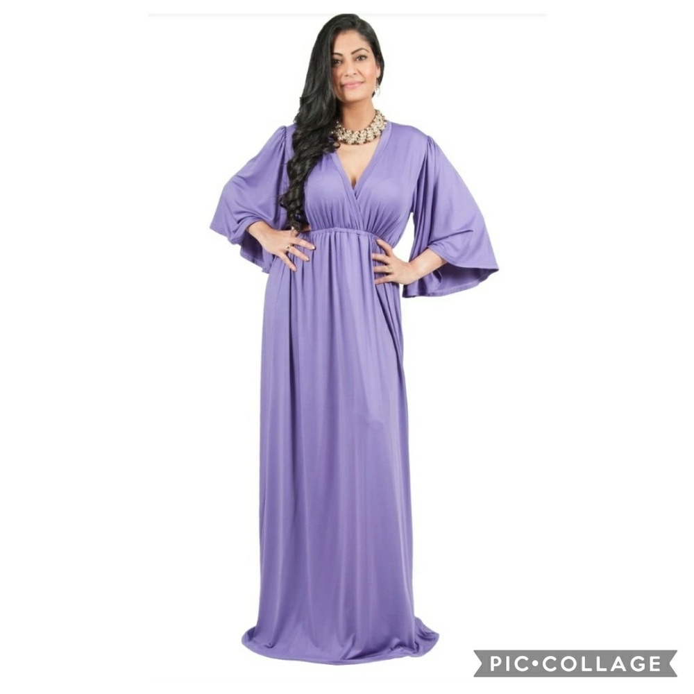 solid purple v-neck maxi dress with kimono sleeves